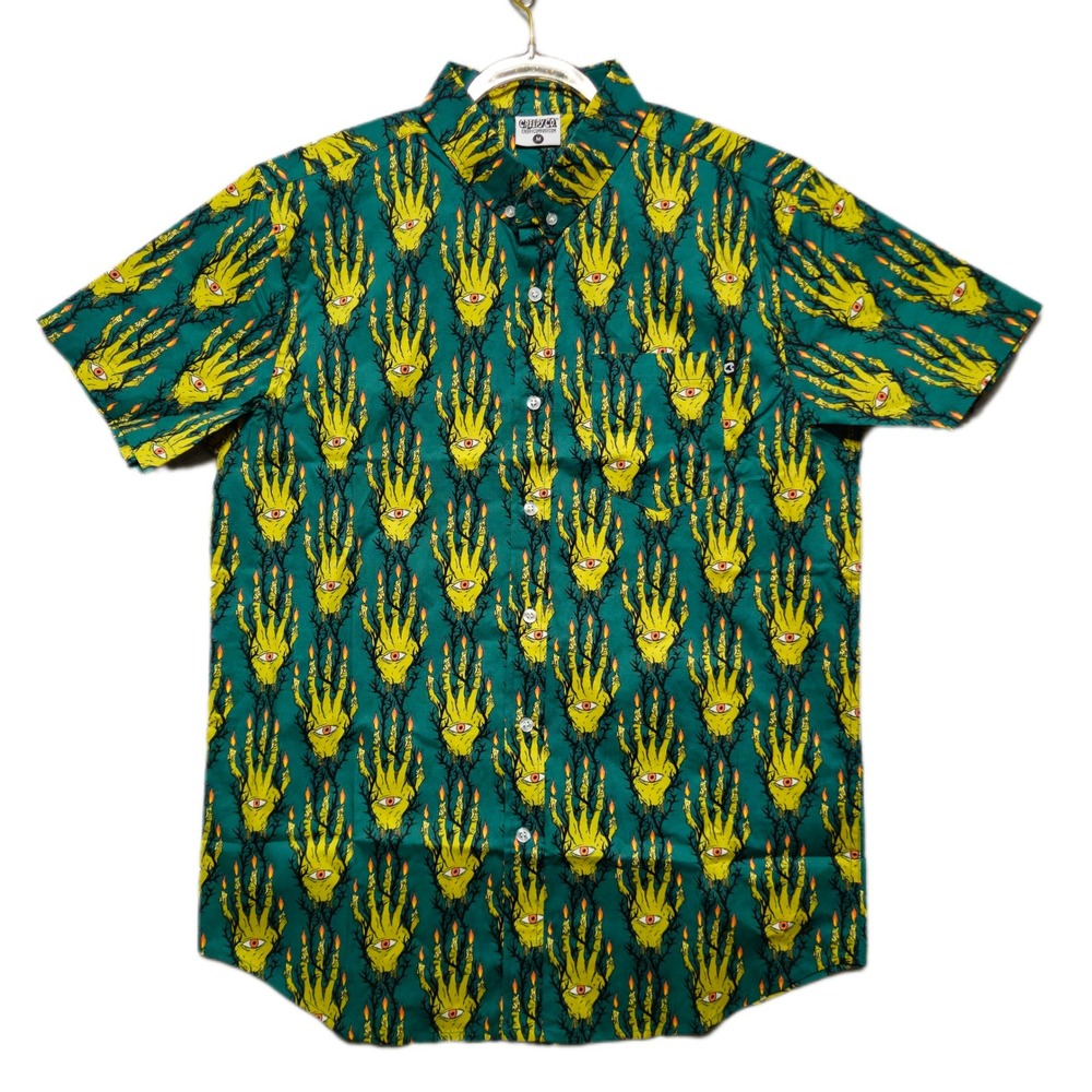 Creepy‎ Co Mens Medium Button Up Shirt Green Yellow Eye Hand Candle Print
